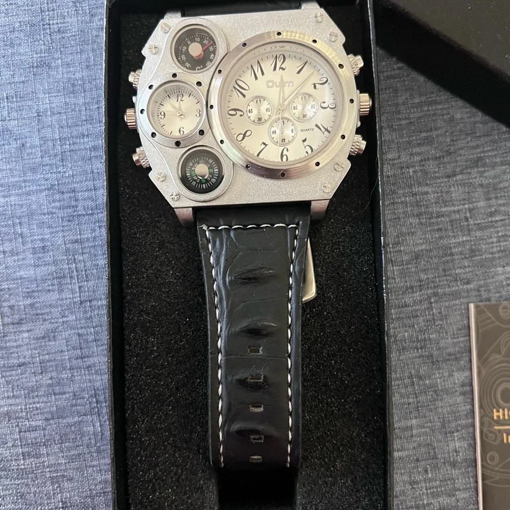 OULM Men’s Watch Silver with All Leather Strap in Black NWT FULL INCLUSION - Picture 3 of 16